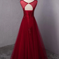 Wine Red Round Neckline Beaded Long Party Dress, Burgundy Tulle Prom Dress 2021    cg17275