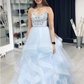 Blue tulle beads long A line prom gown formal dress   cg17298