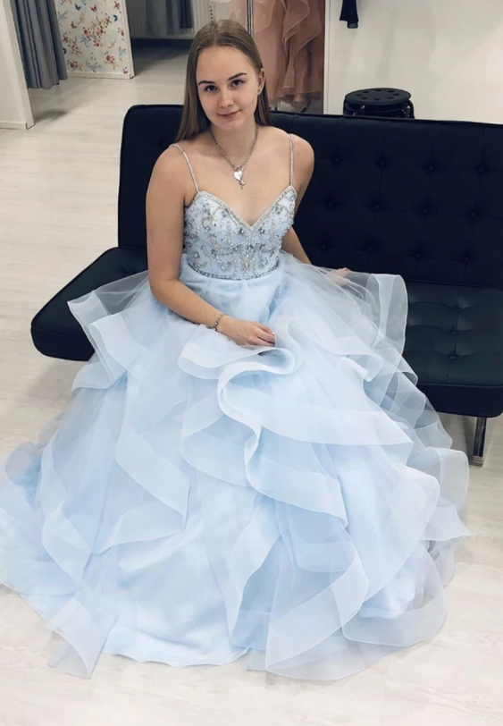 Blue tulle beads long A line prom gown formal dress   cg17298