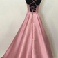 Simple Pink Satin V Neck Long A Line Pocket Prom Dress, Party Dress   cg17318