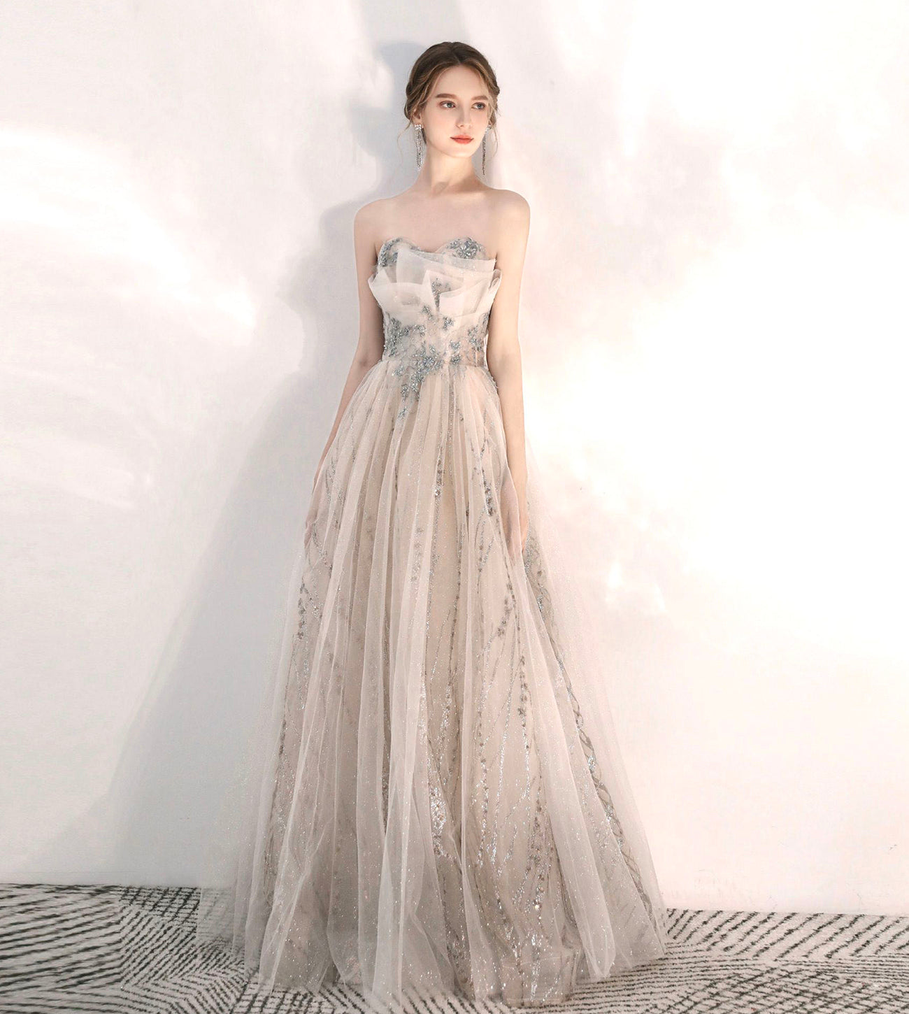 CHAMPAGNE TULLE SEQUINS LONG A LINE PROM DRESS    cg17321
