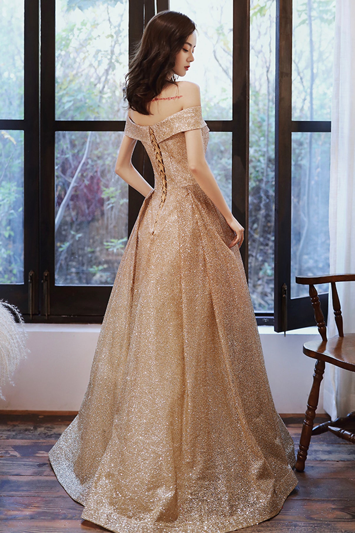 GOLD SEQUINS LONG A LINE PROM DRESS EVENING DRESS    cg17322