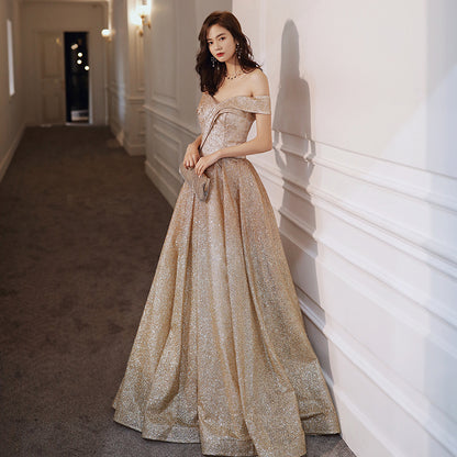 GOLD SEQUINS LONG A LINE PROM DRESS EVENING DRESS    cg17322