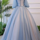 Blue Tulle Floral Off Shoulder Princess Formal Dress, Blue Sweet 16 Dress, Prom Dress   cg17330