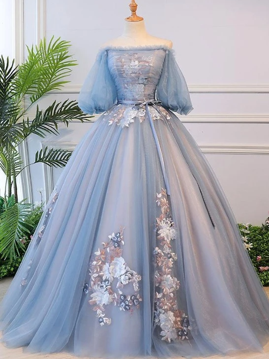 Blue Tulle Floral Off Shoulder Princess Formal Dress, Blue Sweet 16 Dress, Prom Dress   cg17330