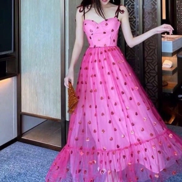 Glitter Sweetheart Fuchsia Long Party Dress with Red Dot Prom Dress  cg17354