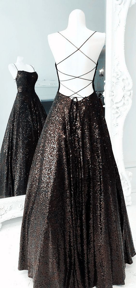Black Sequins Prom Dresses Lace Up Back Ball Gown For Women   cg17384