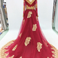Burgundy Tulle Gold Lace Applique Long Arabic Prom Dress, Formal Dress    cg17388
