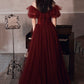 BURGUNDY TULLE LONG A LINE PROM DRESS EVENING DRESS    cg17389