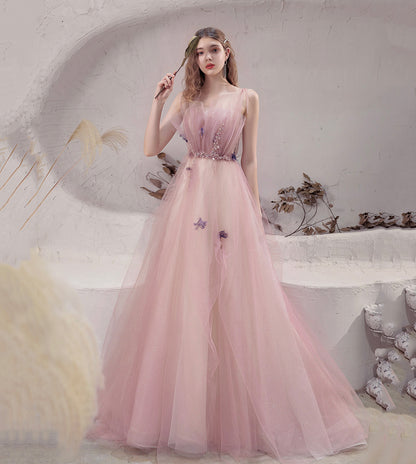 PINK TULLE LONG A LINE PROM DRESS EVENING DRESS    cg17391