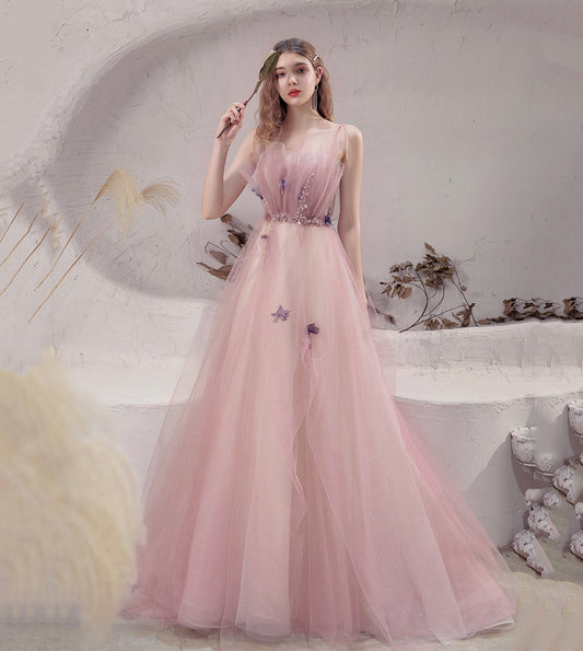 PINK TULLE LONG A LINE PROM DRESS EVENING DRESS    cg17391