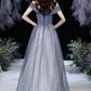 GREY TULLE BEADS LONG PROM DRESS SHINY EVENING DRESS    cg17392
