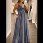 A-line navy blue long prom dress with v neckline   cg17397