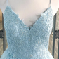 Blue tulle lace long prom dress A line evening dress    cg17407