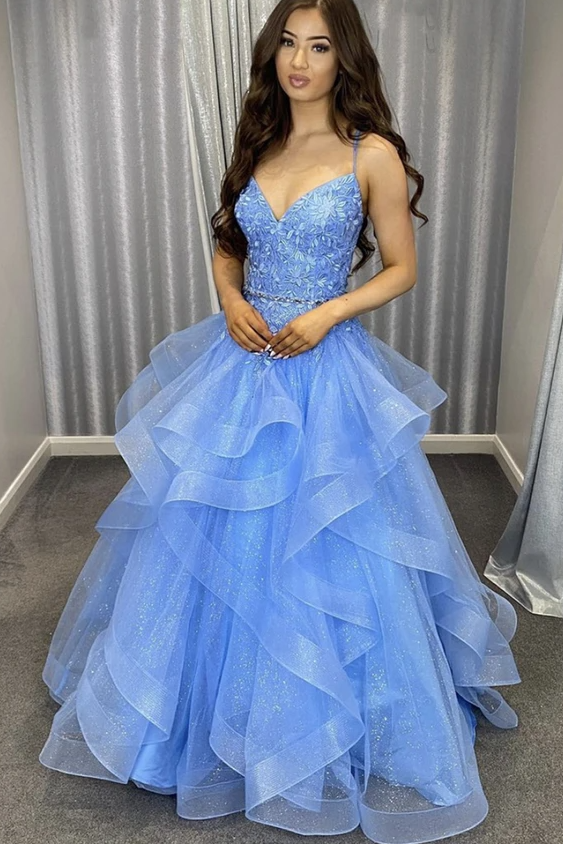 Blue lace long ball gown dress A line formal dres prom dress evening dress   cg17410