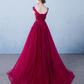 Wine Red Long Tulle Round Neckline Lace Applique Prom Dress, Tulle Evening Dress   cg17413