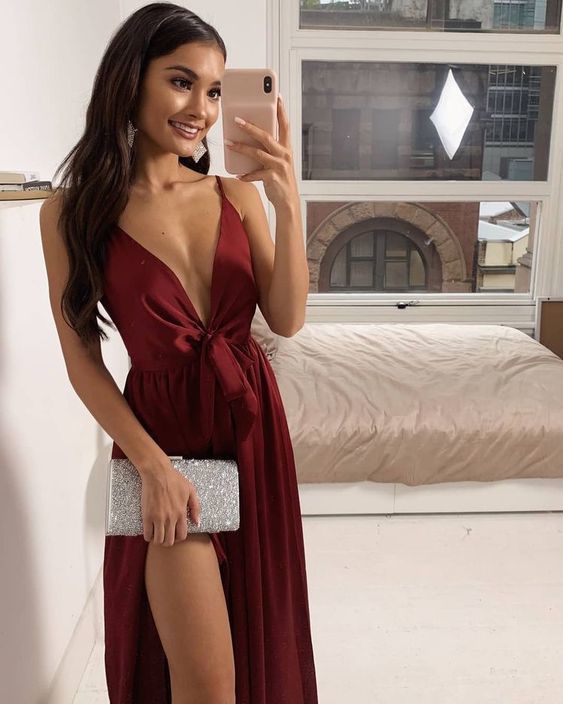 A-line V Neck Burgundy Prom Dress With Split   cg17426