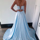 A Line Light Blue Lace Long Prom Dress with Slit, Light Blue Lace Formal Dress, Light Blue Evening Dress   cg17427