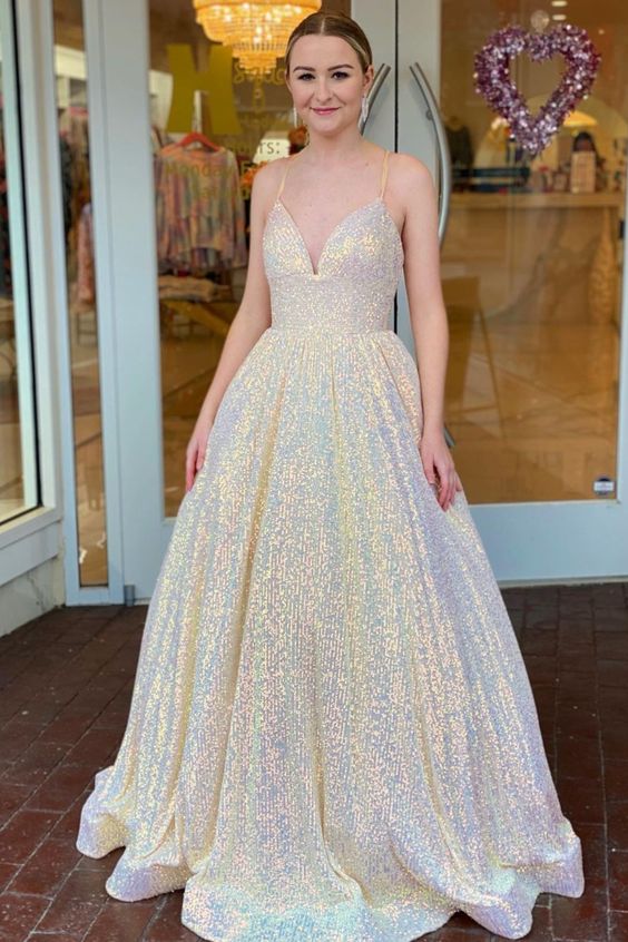 princess A-line champagne sequined long formal dress prom dress 2021    cg17434