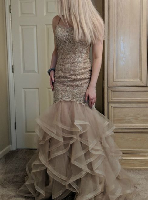 Champagne Mermaid Tulle Lace Spaghetti Straps Backless Prom Dress   cg17449