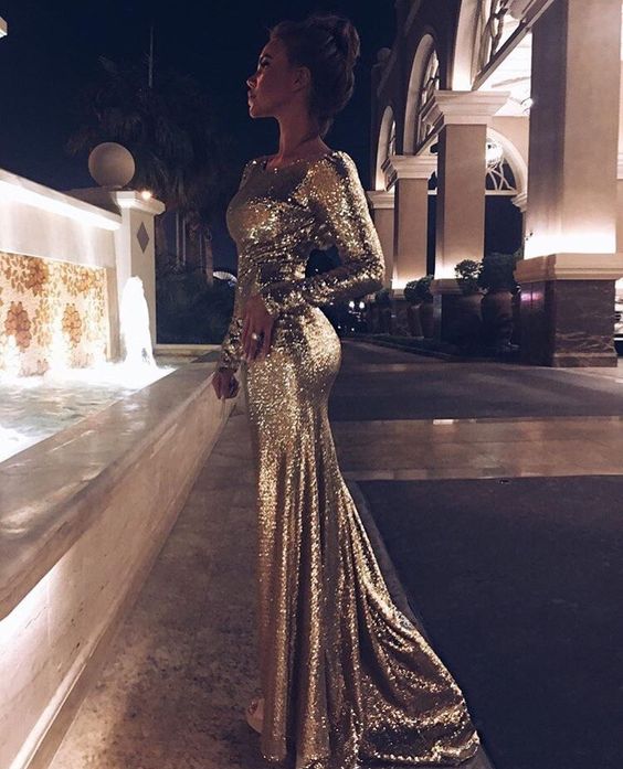 Long Sleeves Sheath Sequin Prom Dress   cg17474