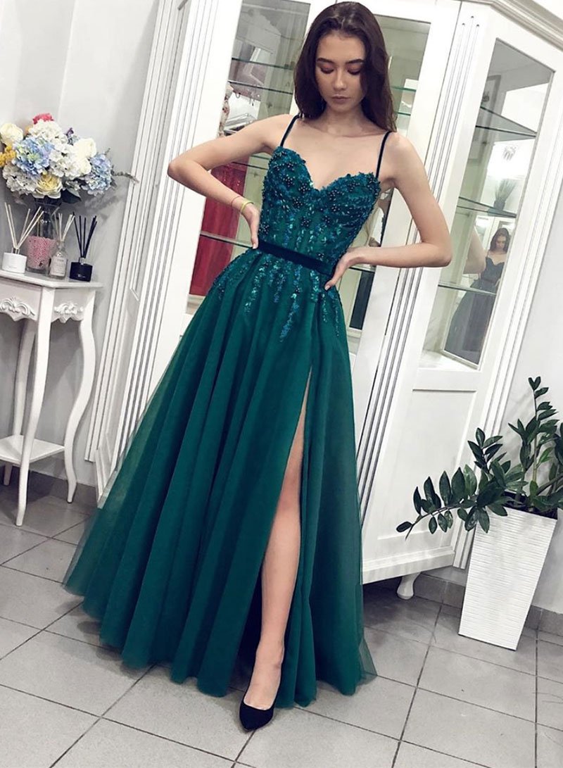 Green tulle beads long prom dress, green evening dress cg1748