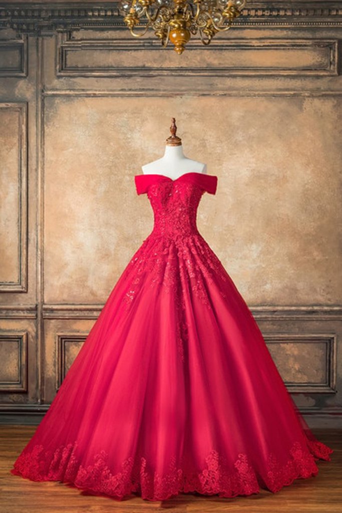 Red Tulle Off Shoulder Long V Neck Prom Dress, Lace Formal Dress    cg17506