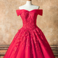 Red Tulle Off Shoulder Long V Neck Prom Dress, Lace Formal Dress    cg17506