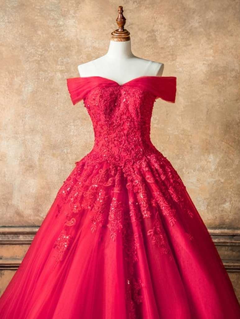 Red Tulle Off Shoulder Long V Neck Prom Dress, Lace Formal Dress    cg17506