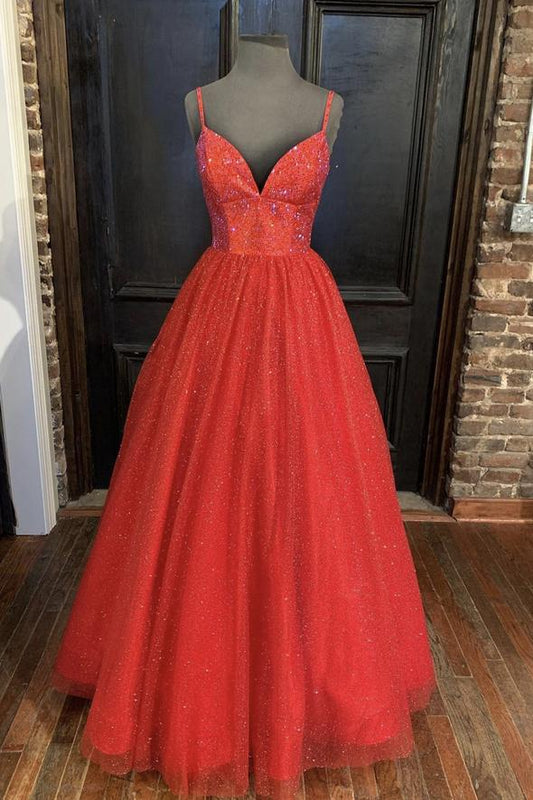 Red tulle beads long A line prom dress evening dress    cg17517
