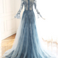 Blue tulle lace Long sleeve prom dress, blue bridesmaid dress   cg17536