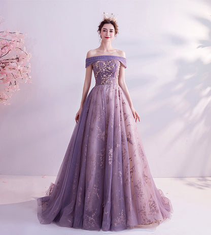 PURPLE TULLE SEQUINS LONG A LINE PROM DRESS EVENING DRESS   cg17567