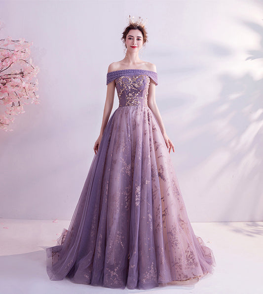 PURPLE TULLE SEQUINS LONG A LINE PROM DRESS EVENING DRESS   cg17567