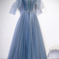 Blue tulle beads long prom dress A line evening dress   cg17585