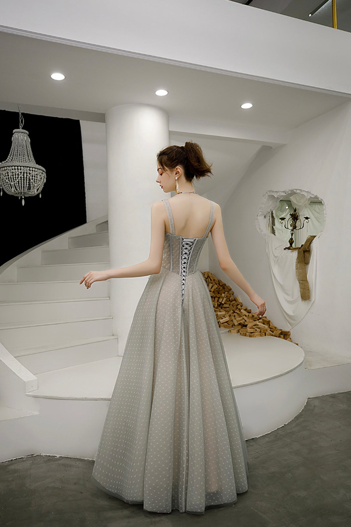 GREY TULLE LONG A LINE PROM DRESS EVENING DRESS    cg17590