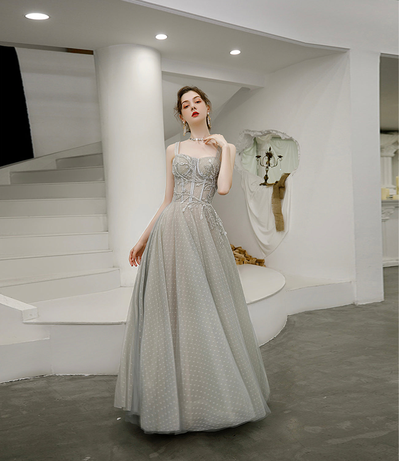 GREY TULLE LONG A LINE PROM DRESS EVENING DRESS    cg17590