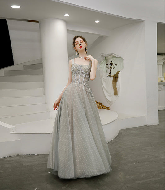 GREY TULLE LONG A LINE PROM DRESS EVENING DRESS    cg17590