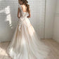 Champagne round neck tulle lace long prom dress, champagne evening dress   cg17609