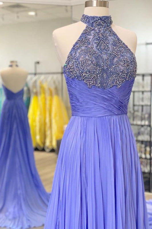 princess high neck beaded purple long formal dress prom dress with halter and open nack prom dress 2021   cg17639