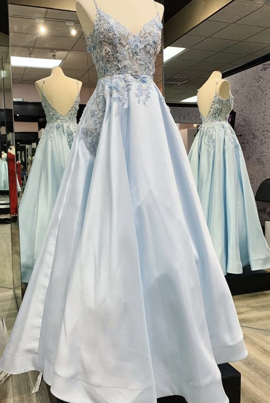 Blue v neck lace long A line prom dress evening dress   cg17645