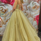 Simple v neck tulle long prom dress champagne evening dress   cg17659