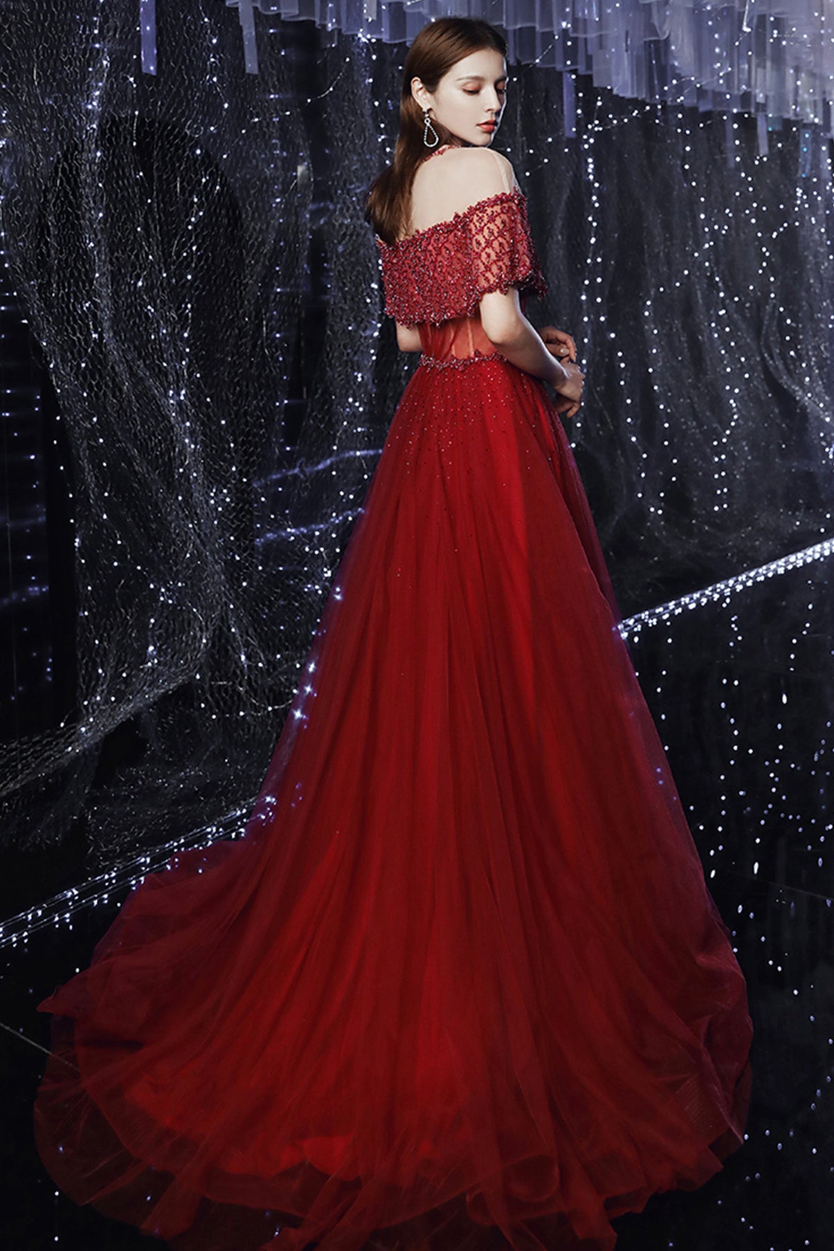 ELEGANT TULLE BEADS LONG A LINE PROM DRESS EVENING DRESS  cg17661