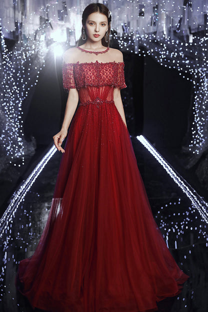 ELEGANT TULLE BEADS LONG A LINE PROM DRESS EVENING DRESS  cg17661