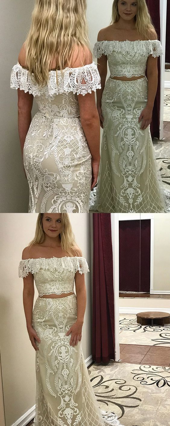 Off the shoulder two piece lace ivory prom dress, crop top lace mermaid formal dress   cg17665