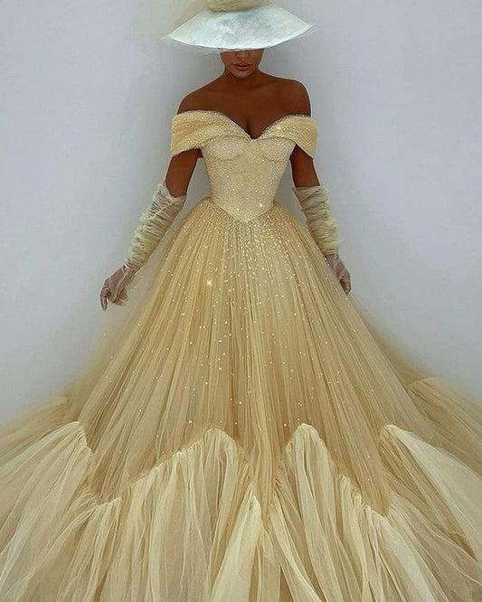 Off the Shoulder Light Yellow Glitter Pleated Prom Dress   cg17666