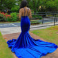 Royal Blue Velvet Mermaid Deep V Neck Backless Appliques Prom Dress   cg17670