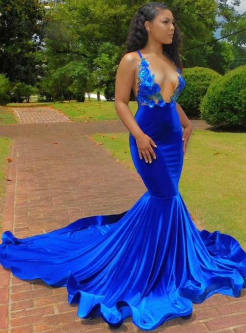 Royal Blue Velvet Mermaid Deep V Neck Backless Appliques Prom Dress   cg17670