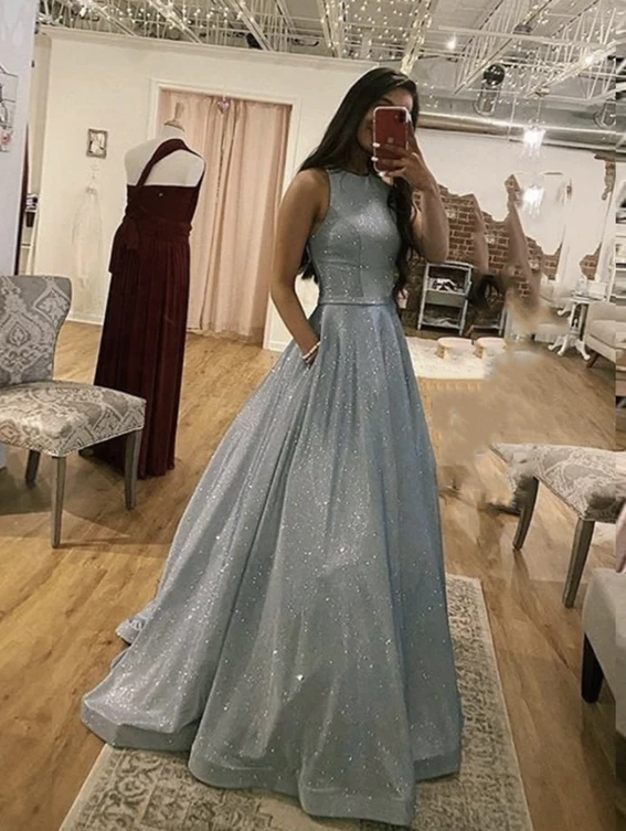 Simple A line long prom dress blue evening dress    cg17719