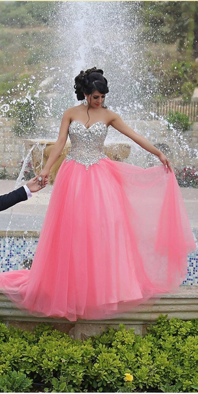 Spakling Crystals Pink Sweetheart Tulle Floor Length Prom Dress    cg17725