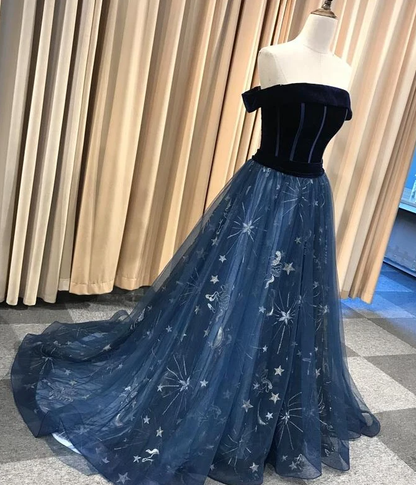 Navy Blue New Style Long Off Shoulder Prom Dress, A-Line Formal Dress, Evening Dress   cg17769